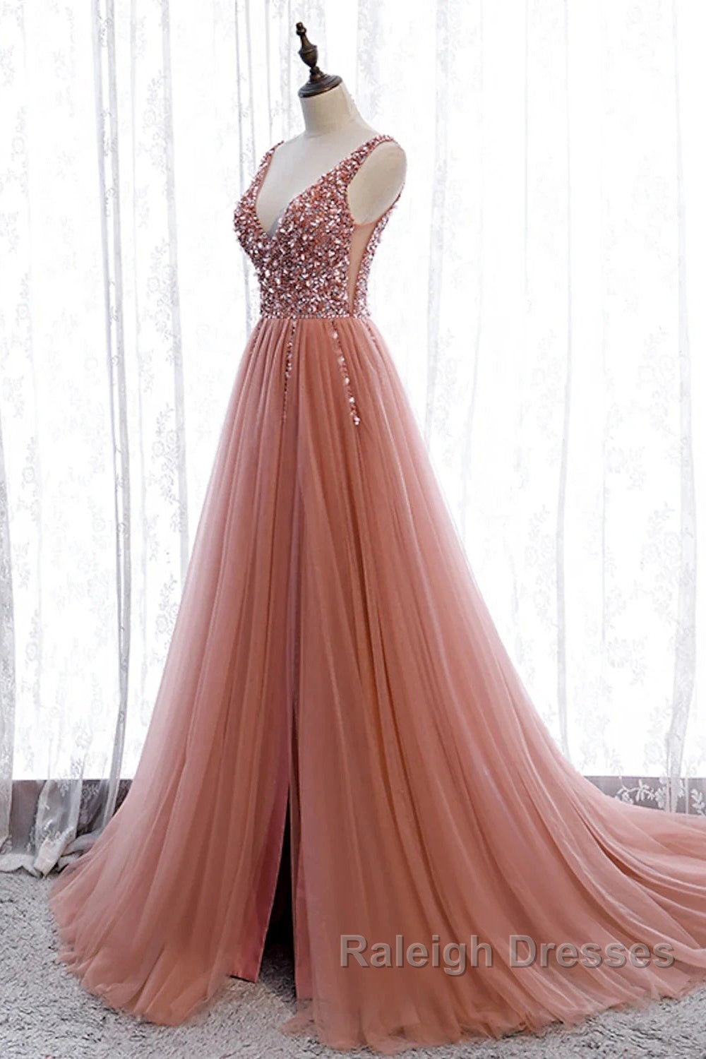 A-Line Prom Dresses Elegant Dress Party Wear Court Train Sleeveless V Neck Polyester With Pearls Embroidery Secondary image