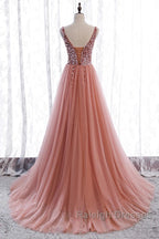 A-Line Prom Dresses Elegant Dress Party Wear Court Train Sleeveless V Neck Polyester With Pearls Embroidery