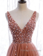 A-Line Prom Dresses Elegant Dress Party Wear Court Train Sleeveless V Neck Polyester With Pearls Embroidery