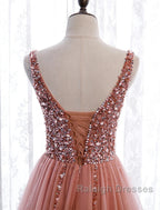 A-Line Prom Dresses Elegant Dress Party Wear Court Train Sleeveless V Neck Polyester With Pearls Embroidery