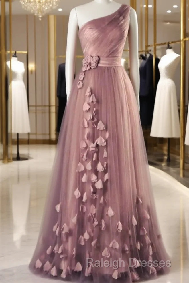 A-Line Prom Dresses Elegant Dress Wedding Floor Length Sleeveless One Shoulder Tulle With Appliques
