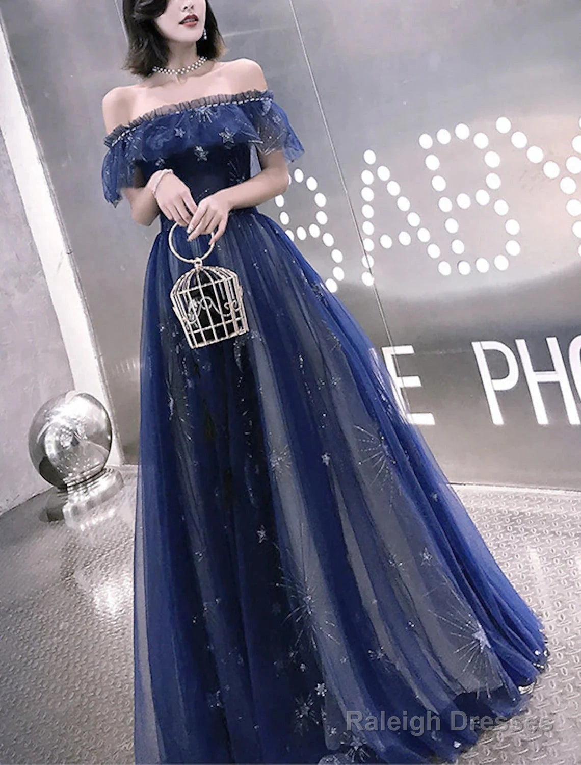 A-Line Prom Dress Elegant Dresses Wedding Guest Prom Wear Floor Length Short Sleeve Off Shoulder Tulle With Embroidery Tiered