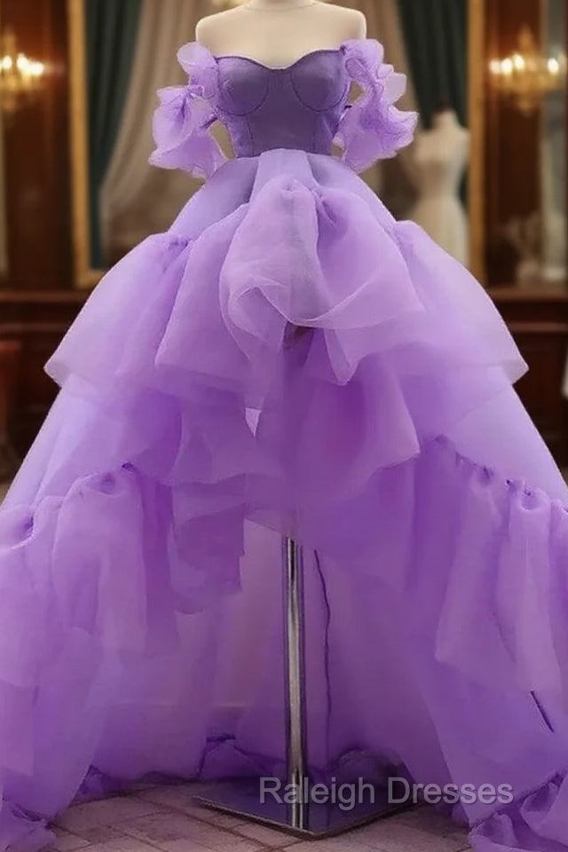 A-Line Prom Dresses High Low Dress Quinceanera Asymmetrical Purple Short Sleeve Off Shoulder Tulle With Tier Main image