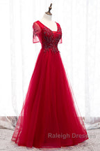 A-Line Prom Dress Luxurious Dresses Wedding Guest Prom Floor Length Short Sleeve Spaghetti Strap Tulle