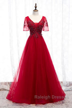 A-Line Prom Dress Luxurious Dresses Wedding Guest Prom Floor Length Short Sleeve Spaghetti Strap Tulle