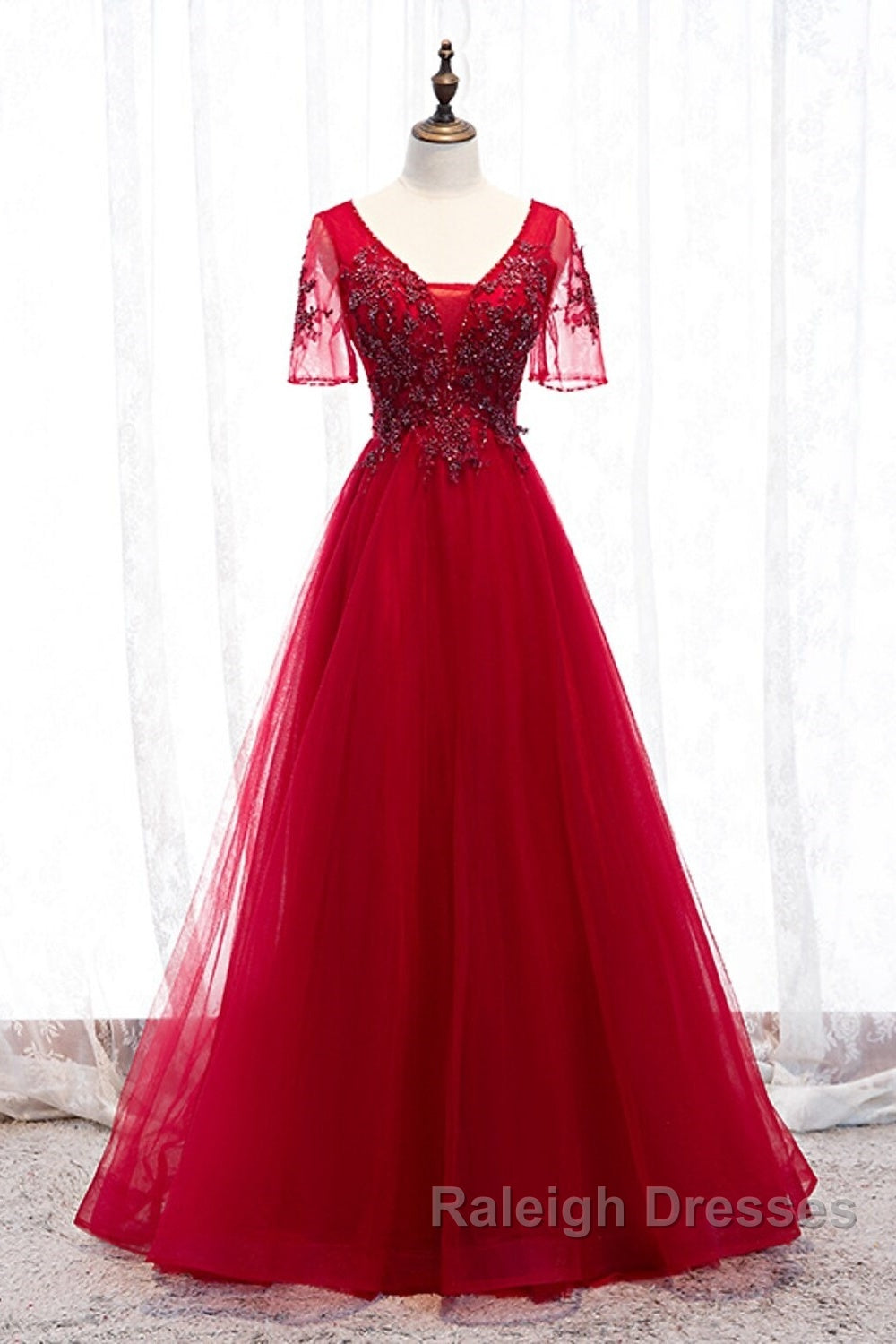 A-Line Prom Dress Luxurious Dresses Wedding Guest Prom Floor Length Short Sleeve Spaghetti Strap Tulle