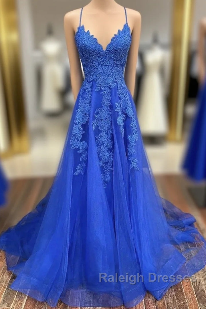 A-Line Prom Dresses Open Back Dress Formal Prom Court Train Sleeveless V Neck Tulle Backless V Back With Beading Appliques Main image