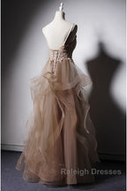 A-Line Prom Dress Open Back Dresses Prom Wedding Prom Floor Length Sleeveless Spaghetti Strap Lace With Ruffles Appliques