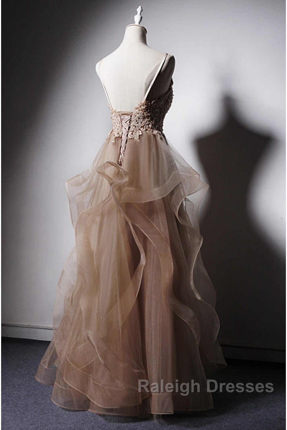 A-Line Prom Dress Open Back Dresses Prom Wedding Prom Floor Length Sleeveless Spaghetti Strap Lace With Ruffles Appliques