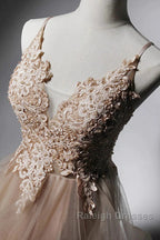 A-Line Prom Dresses Open Back Dress Formal Wedding Party Floor Length Sleeveless Spaghetti Strap Lace With Ruffles Appliques