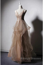 A-Line Prom Dresses Open Back Dress Formal Wedding Party Floor Length Sleeveless Spaghetti Strap Lace With Ruffles Appliques