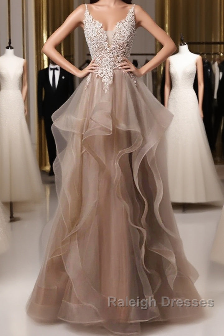 A-Line Prom Dresses Open Back Dress Formal Wedding Party Floor Length Sleeveless Spaghetti Strap Lace With Ruffles Appliques Main image