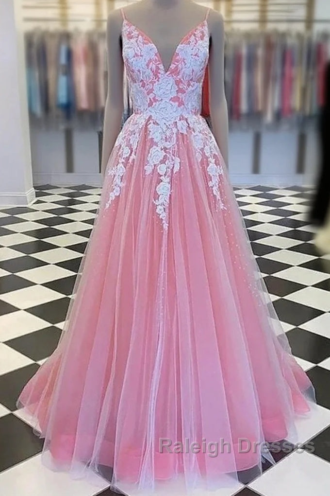 A-Line Prom Dresses Princess Dress Formal Floor Length Sleeveless V Neck Tulle With Pleats Appliques