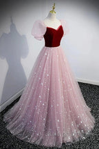 A-Line Prom Dress Princess Dresses Prom Floor Length Short Sleeve Sweetheart Tulle With Sequin
