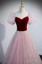 A-Line Prom Dresses Princess Dress Prom Floor Length Short Sleeve Sweetheart Tulle With Sequin