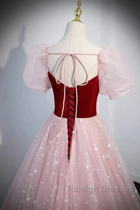 A-Line Prom Dress Princess Dresses Prom Floor Length Short Sleeve Sweetheart Tulle With Sequin