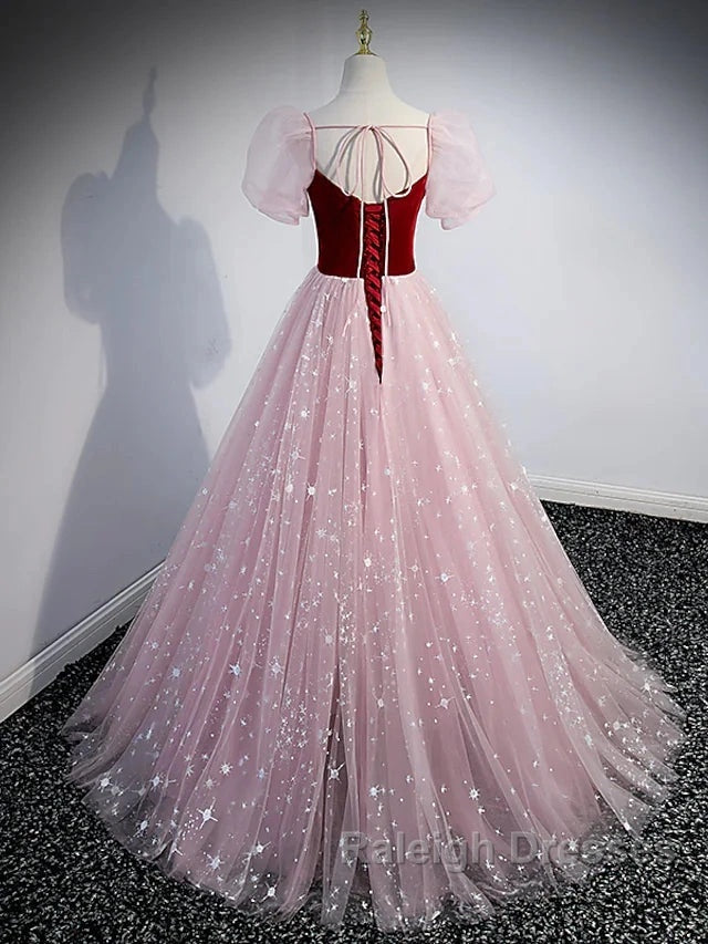 A-Line Prom Dress Princess Dresses Prom Floor Length Short Sleeve Sweetheart Tulle With Sequin