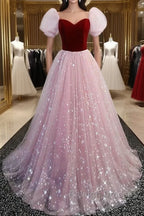 A-Line Prom Dresses Princess Dress Prom Floor Length Short Sleeve Sweetheart Tulle With Sequin
