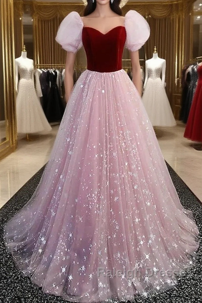 A-Line Prom Dress Princess Dresses Prom Floor Length Short Sleeve Sweetheart Tulle With Sequin Main image