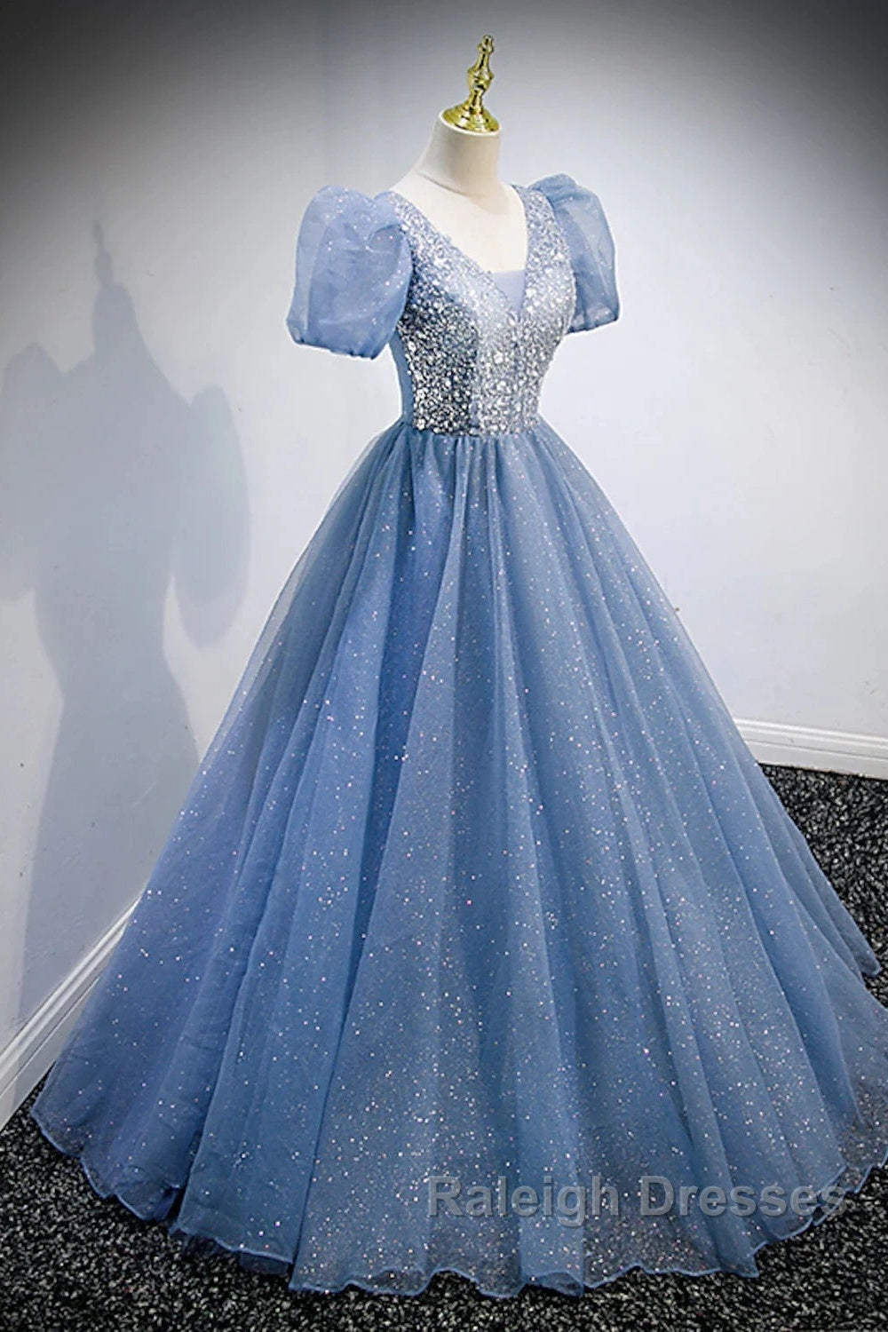 A-Line Prom Dress Puffy Dresses Quinceanera Floor Length Short Sleeve V Neck Tulle With Sequin