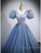 A-Line Prom Dress Puffy Dresses Quinceanera Floor Length Short Sleeve V Neck Tulle With Sequin