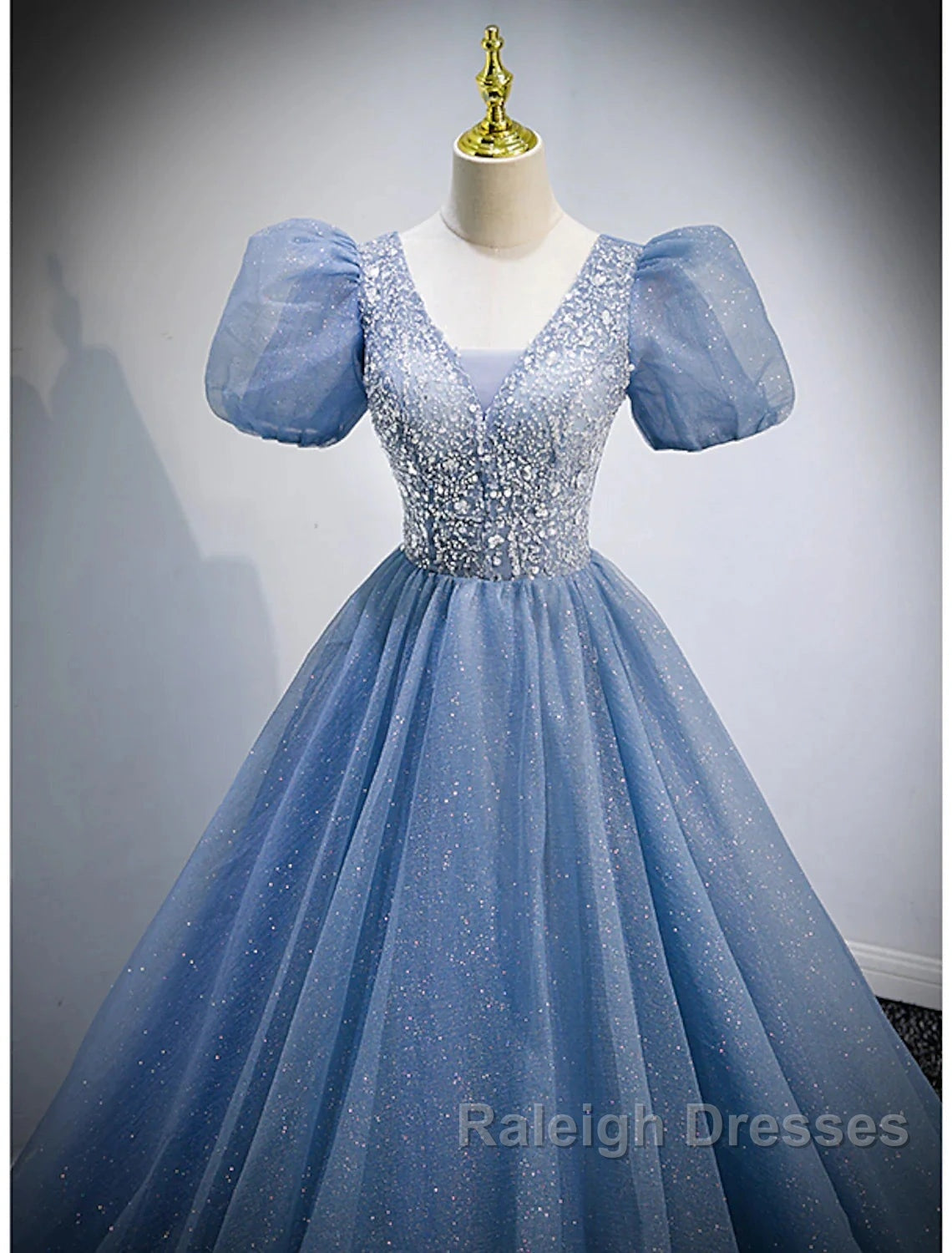 A-Line Prom Dress Puffy Dresses Quinceanera Floor Length Short Sleeve V Neck Tulle With Sequin