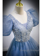 A-Line Prom Dresses Puffy Dress Quinceanera Floor Length Short Sleeve V Neck Tulle With Sequin