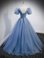 A-Line Prom Dress Puffy Dresses Quinceanera Floor Length Short Sleeve V Neck Tulle With Sequin