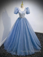 A-Line Prom Dress Puffy Dresses Quinceanera Floor Length Short Sleeve V Neck Tulle With Sequin
