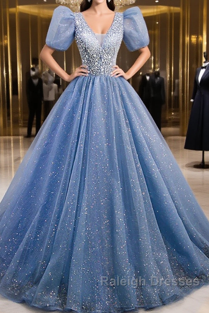 A-Line Prom Dresses Puffy Dress Quinceanera Floor Length Short Sleeve V Neck Tulle With Sequin Main image