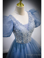 A-Line Prom Dresses Puffy Dress Wedding Guest Quinceanera Floor Length Short Sleeve V Neck Tulle With Sequin