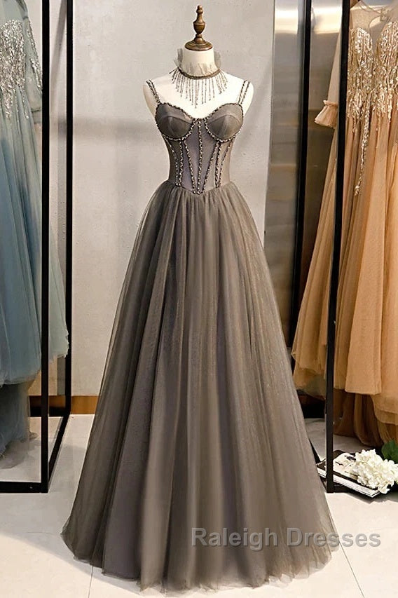 A-Line Prom Dresses Sexy Dress Formal Floor Length Sleeveless Strap Tulle With Pleats Crystals