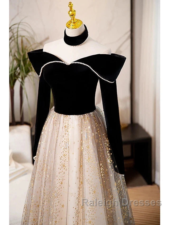 A-Line Prom Dresses Sparkle & Shine Dress Engagement Floor Length Long Sleeve Sweetheart Tulle With Sequin Secondary image