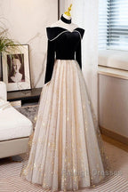 A-Line Prom Dresses Sparkle & Shine Dress Engagement Floor Length Long Sleeve Sweetheart Tulle With Sequin