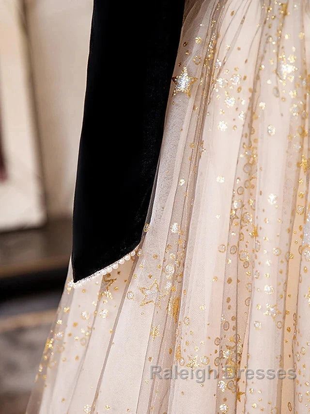 A-Line Prom Dresses Sparkle & Shine Dress Engagement Floor Length Long Sleeve Sweetheart Tulle With Sequin