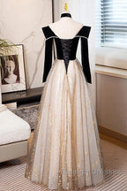 A-Line Prom Dresses Sparkle & Shine Dress Engagement Floor Length Long Sleeve Sweetheart Tulle With Sequin