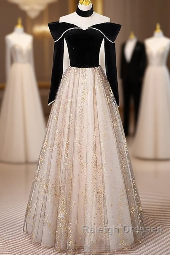 A-Line Prom Dresses Sparkle & Shine Dress Engagement Floor Length Long Sleeve Sweetheart Tulle With Sequin