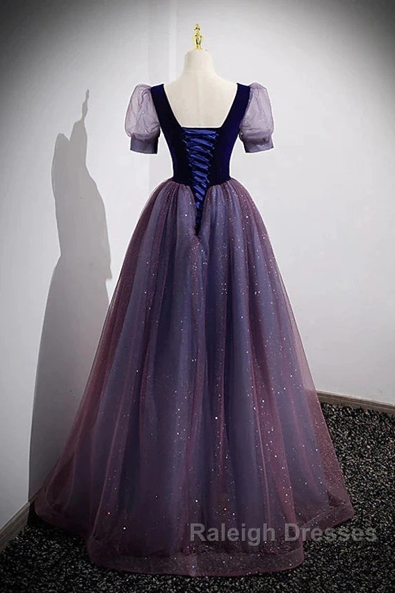 A-Line Prom Dresses Sparkle & Shine Dress Prom Floor Length Short Sleeve Scoop Neck Tulle With Sequin