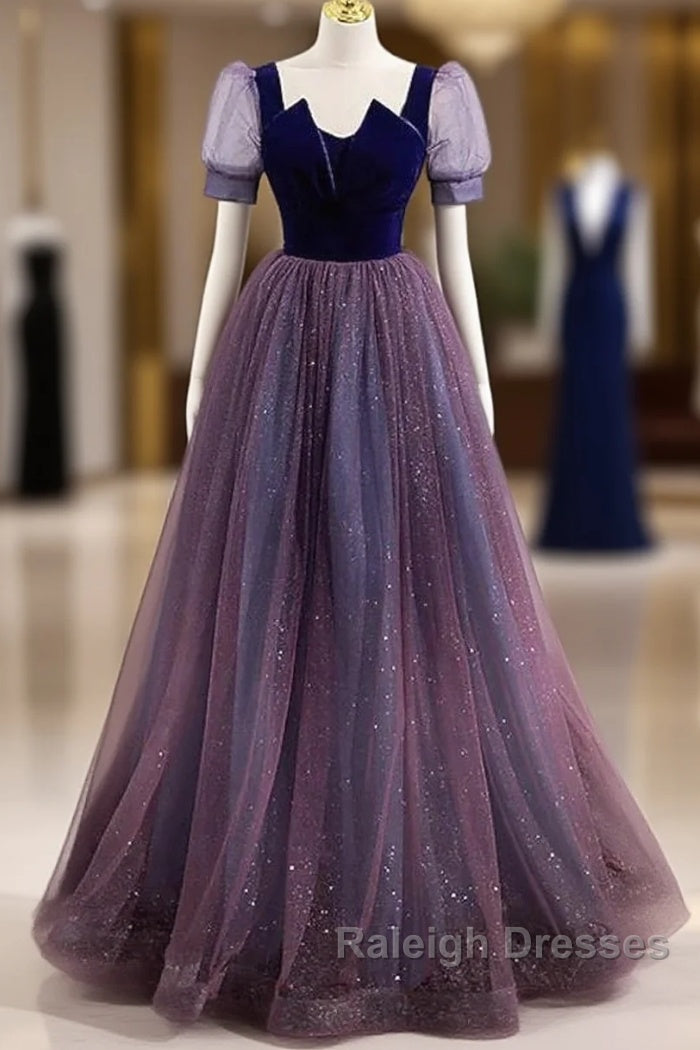 A-Line Prom Dresses Sparkle & Shine Dress Prom Floor Length Short Sleeve Scoop Neck Tulle With Sequin Main image