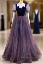 A-Line Prom Dresses Sparkle & Shine Dress Prom Floor Length Short Sleeve Scoop Neck Tulle With Sequin