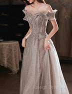 A-Line Prom Dresses Sparkle & Shine Dress Wedding Guest Prom Floor Length Short Sleeve Off Shoulder Polyester With Sequin Ruffles