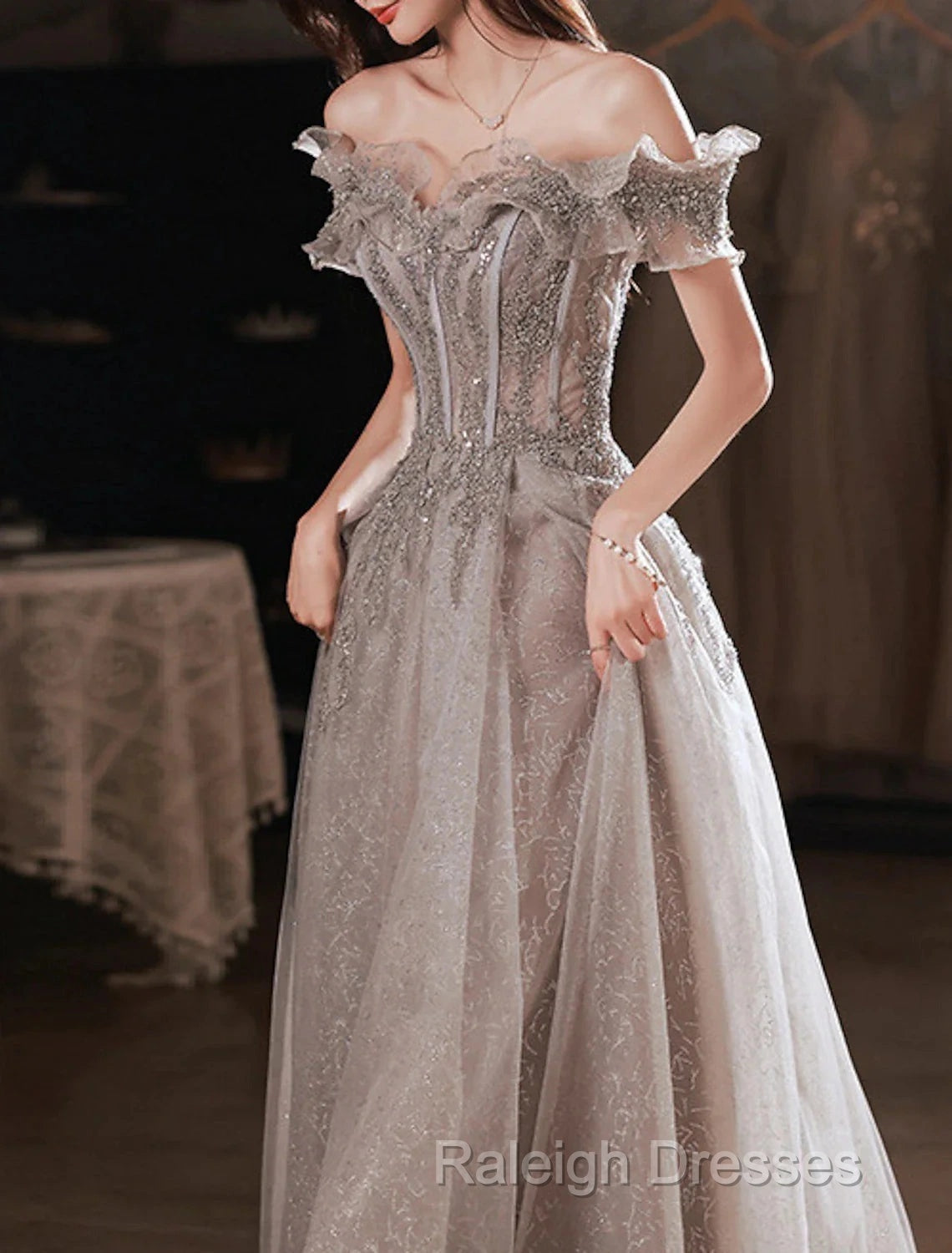 A-Line Prom Dress Sparkle & Shine Dresses Wedding Guest Prom Floor Length Short Sleeve Off Shoulder Polyester With Sequin Ruffles