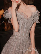 A-Line Prom Dresses Sparkle & Shine Dress Wedding Guest Prom Floor Length Short Sleeve Off Shoulder Polyester With Sequin Ruffles