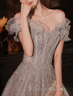 A-Line Prom Dress Sparkle & Shine Dresses Wedding Guest Prom Floor Length Short Sleeve Off Shoulder Polyester With Sequin Ruffles