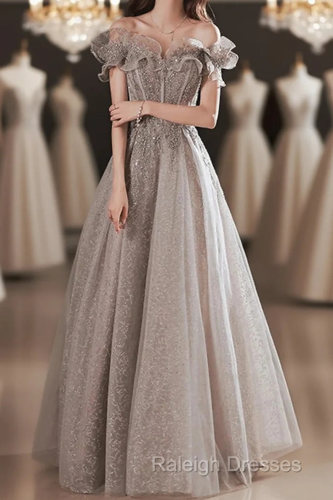 A-Line Prom Dresses Sparkle & Shine Dress Wedding Guest Prom Floor Length Short Sleeve Off Shoulder Polyester With Sequin Ruffles Main image