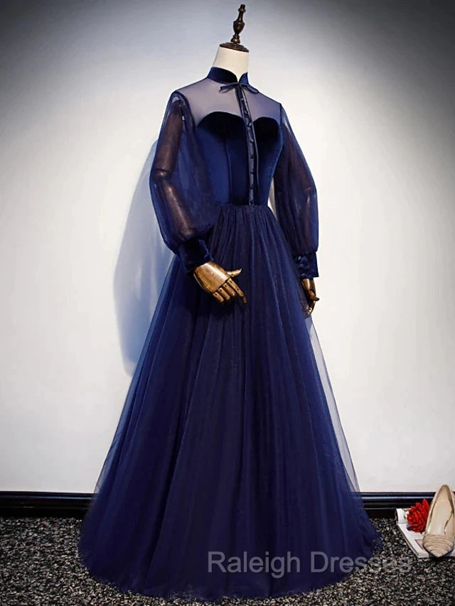 A-Line Prom Dresses Vintage Dress Party Wear Floor Length Long Sleeve Stand Collar Tulle With Bow(S) Strappy Secondary image