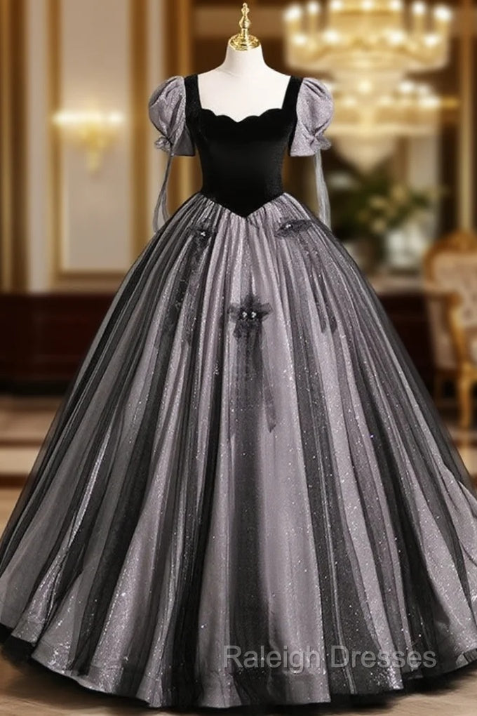 A-Line Puff Sleeves Black Long Prom Dress, Black Sweet 16 Dress