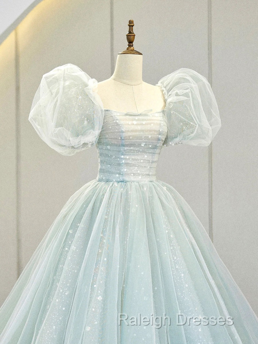 A-Line Puff Sleeves Blue Long Prom Dress, Tulle Formal Evening Dress