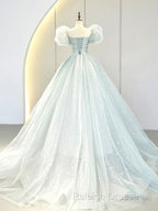A-Line Puff Sleeves Blue Long Prom Dress, Tulle Formal Evening Dress