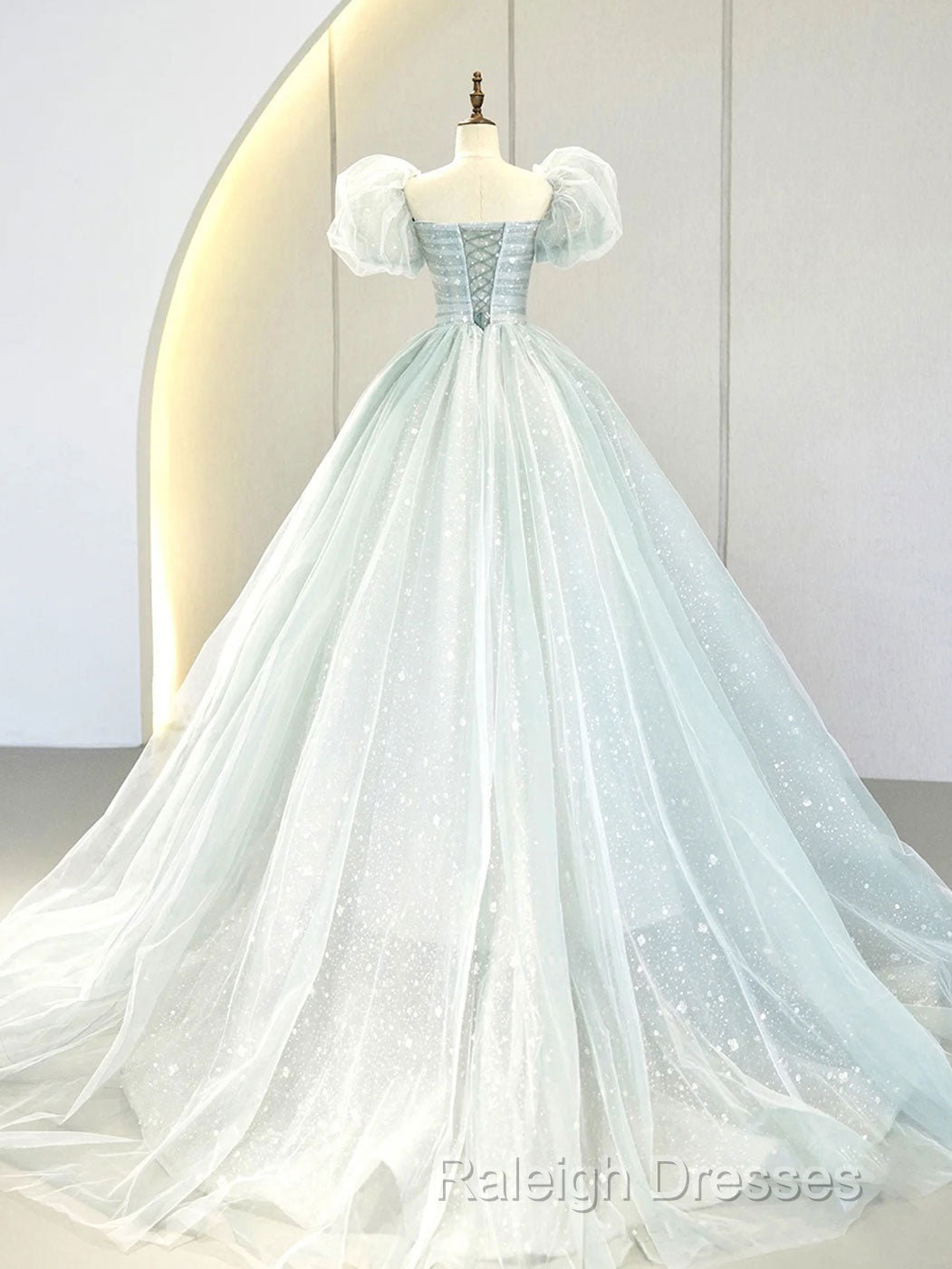 A-Line Puff Sleeves Blue Long Prom Dress, Tulle Formal Evening Dress